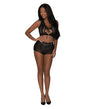 Modern Romance Tie Front Halter & Tap Pant Black S M worn by a model, showcasing soft lace and stretchy mesh design.