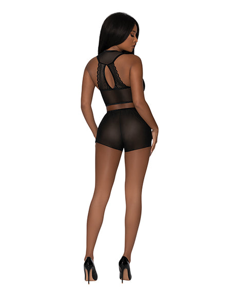 Modern Romance Tie Front Halter & Tap Pant Black S M shown from the back, featuring lace and mesh details.