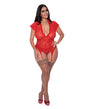 Ooh La Lace Cap Sleeve Basque & Tanga Panty Red QN shown on model, featuring red lace and cap sleeves for a seductive look.