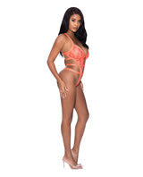 Rude Awakening Strappy Teddy Orange L XL on model showcasing bold strappy styling and orange mesh design.