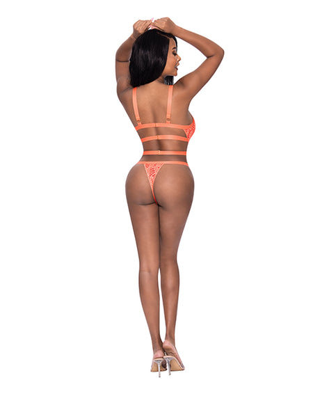 Rude Awakening Strappy Teddy Orange L XL showcased from the back, highlighting its bold strappy design and flattering fit.