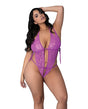 Butterfly Fantasies Crotchless Teddy Neon Purple Queen worn by a model showcasing its lace detailing and playful design.
