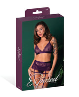 Leather & Lace Bralette Garter Thong Set Plum L XL packaging showcasing a model in seductive lingerie by Exposed.