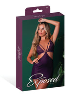 Exposed Leather & Lace Chemise Thong Set Plum L XL packaging featuring elegant lace and bold design.