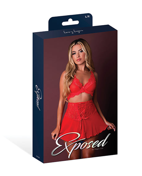 Sugar High Bralette Cincher Skirt Thong Set Red L/XL packaging showcasing a sultry three-piece lingerie set.