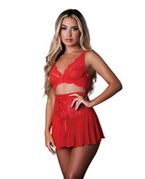 Sugar High Bralette Cincher Skirt Thong Set Red S/M worn by model, featuring lace and sheer mesh design.