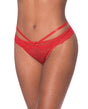 Ooh La Lace Peek-a-Boo Cheeky Panty Red S M featuring lace and cross-strap design for flirty appeal.