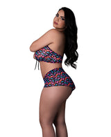 Model showcasing Hazy Dayz Gummy Bear Blacklight Halter & Short Set Multi in a side pose with colorful design.