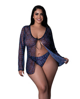 Hazy Dayz Butterfly Blacklight Top & Thong Set Queen on a model, showcasing a tie-front sheer mesh design.