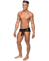 Model wearing Hoser Stretch Mesh Micro Mini Short Black MD showcasing its form-fitting design and bold style.