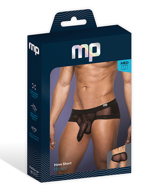 Hoser Stretch Mesh Micro Mini Short Black MD packaging with model, showcasing the daring design and comfortable fit.