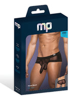Hoser Stretch Mesh Micro Mini Short Black MD packaging with model, showcasing the daring design and comfortable fit.