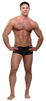 Model wearing Male Power Mini Short Stretch Lace Black Small, showcasing the bold floral lace design and comfort-fit pouch.