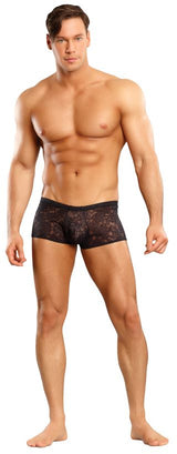 Male Power Mini Short Stretch Lace Black Small on a model showcasing a bold floral lace design for comfort and confidence.