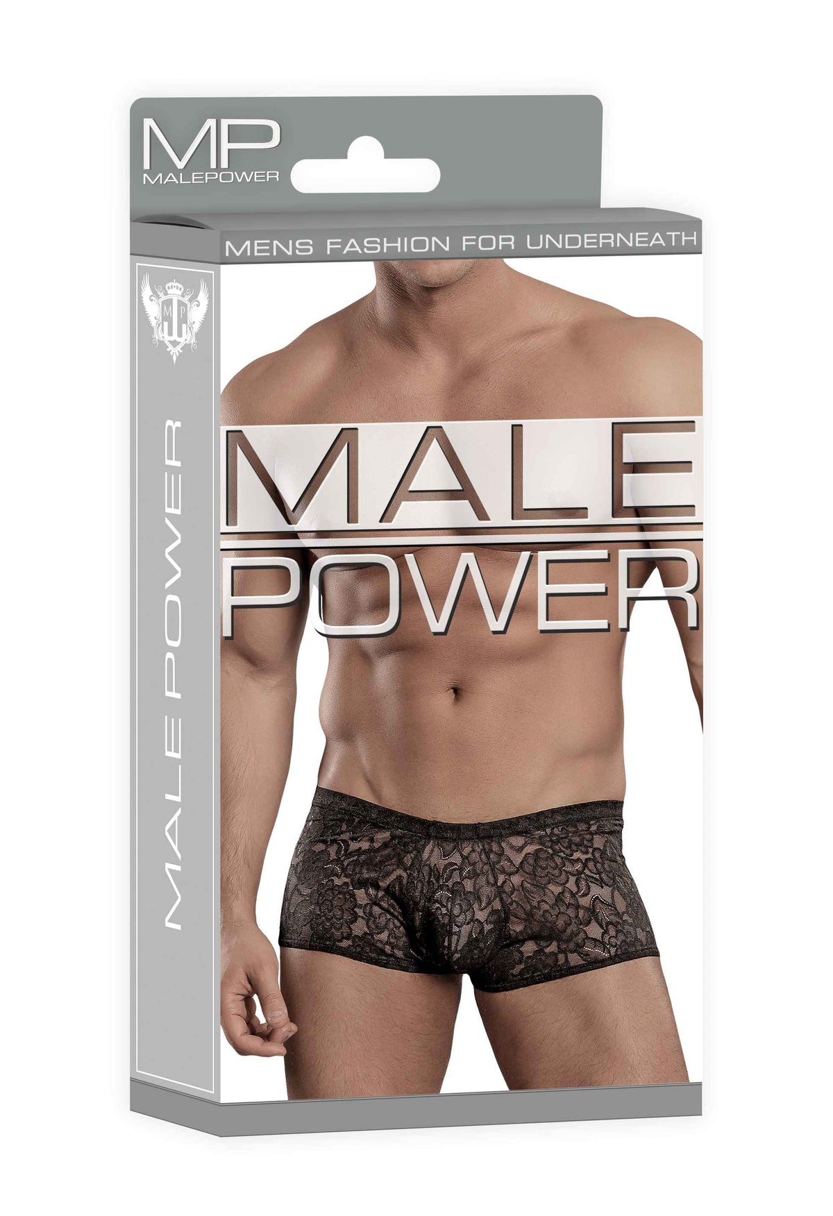 Male Power Mini Short Stretch Lace Black Small packaging featuring a male model in floral lace underwear.
