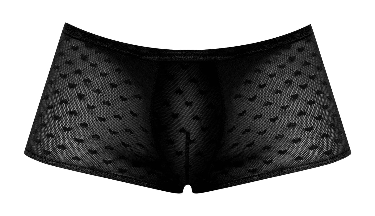 Male Power Heart Breaker Mini Shorts Black XL featuring sheer stretch mesh and flirtatious design.
