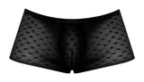 Male Power Heart Breaker Mini Shorts Black XL featuring sheer stretch mesh and flirtatious design.