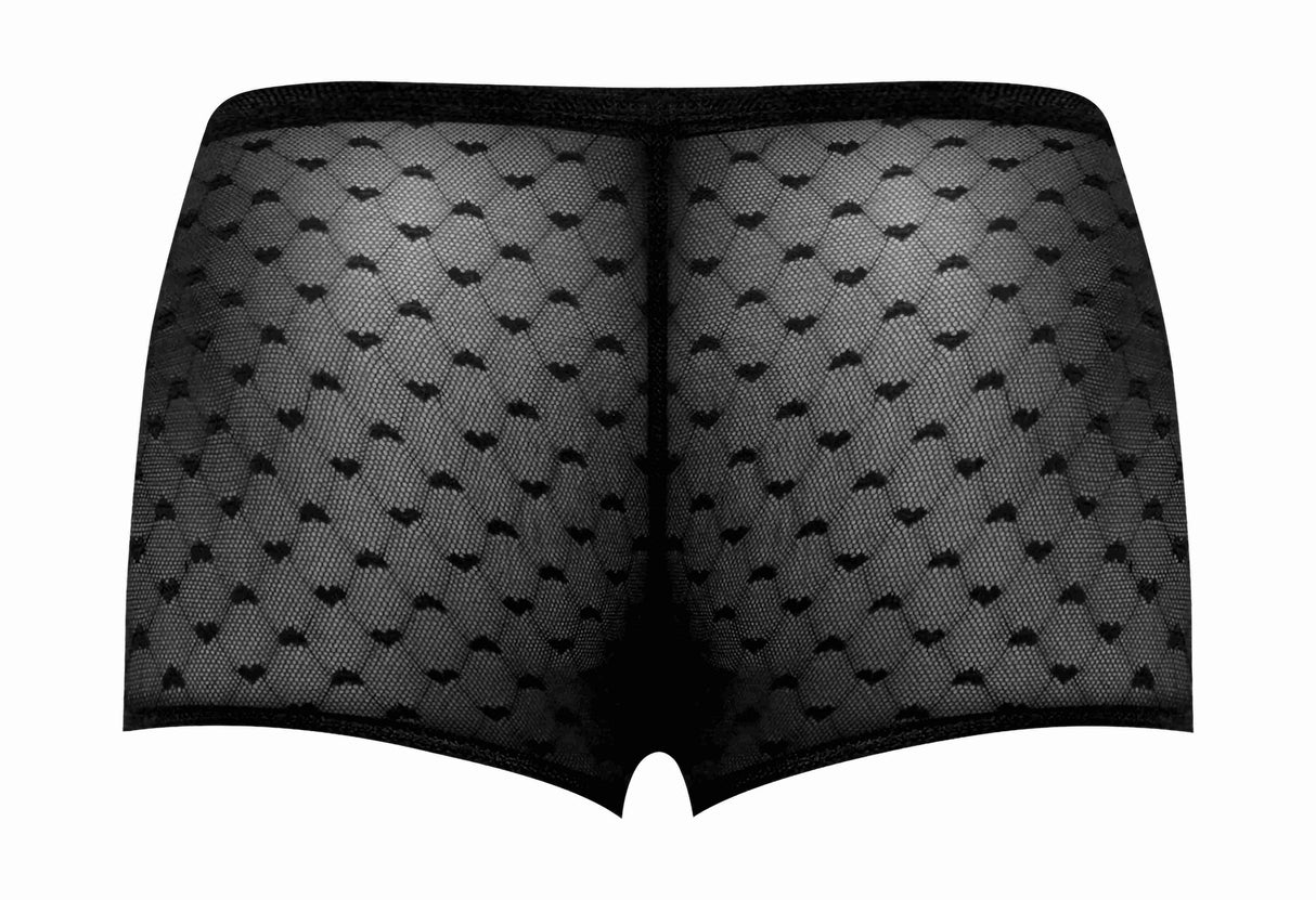 Male Power Heart Breaker Mini Shorts Black XL featuring sheer stretch mesh and elasticized legs.