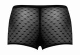 Male Power Heart Breaker Mini Shorts Black XL featuring sheer stretch mesh and elasticized legs.