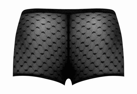 Male Power Heart Breaker Mini Shorts Black XL featuring sheer stretch mesh and elasticized legs.