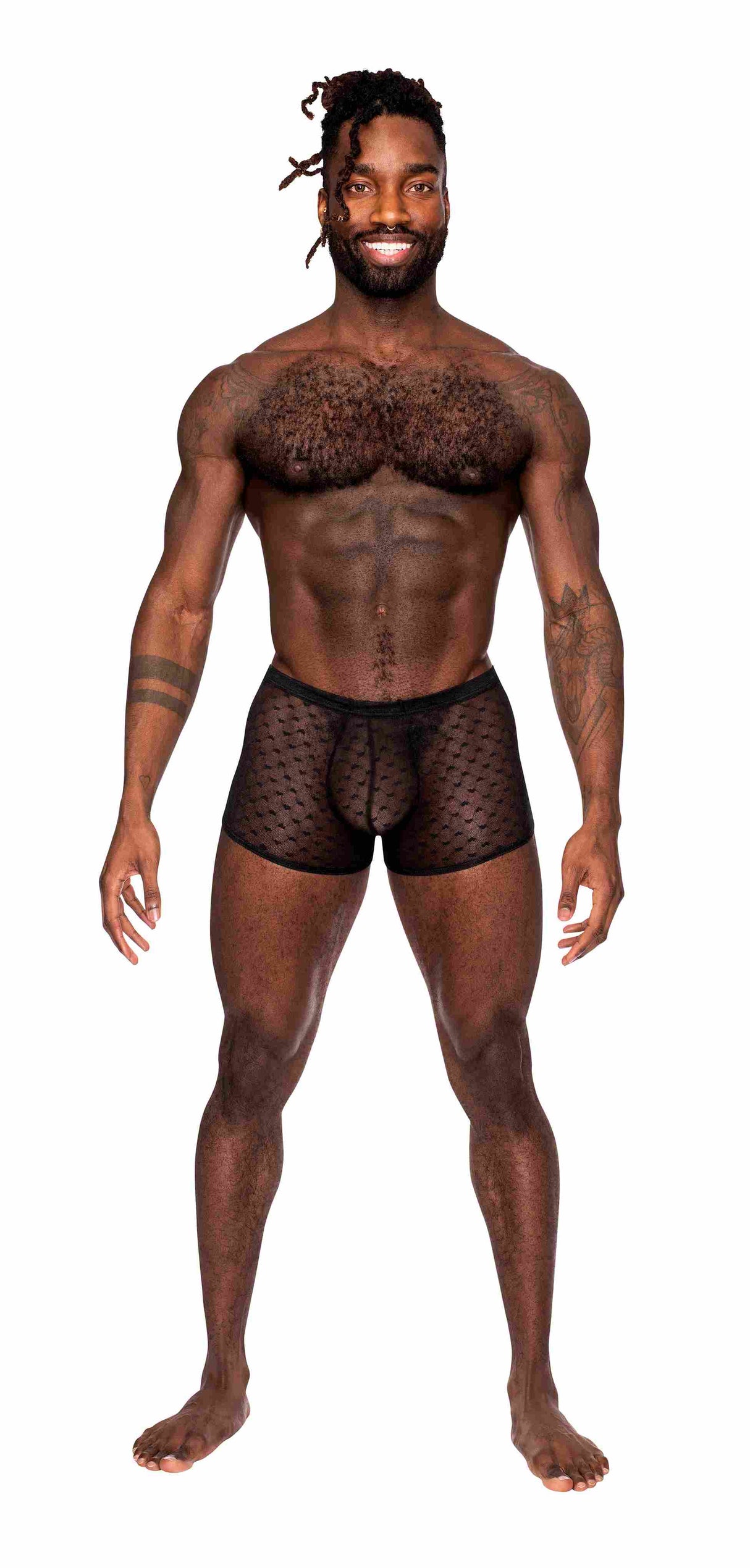 Male Power Heart Breaker Mini Shorts Black XL modeled by a muscular man, showcasing a stylish and comfortable design.