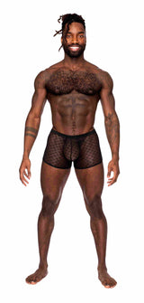Male Power Heart Breaker Mini Shorts Black XL modeled by a muscular man, showcasing a stylish and comfortable design.
