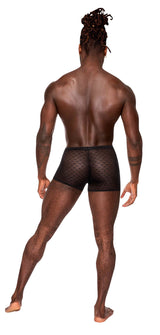 Male Power Heart Breaker Mini Shorts Black XL shown on a model from the back, featuring sheer stretch mesh fabric.