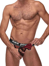 Cock Pit Cock Ring Jock Burgundy S/M worn by a man, featuring a fishnet design and removable pouch.