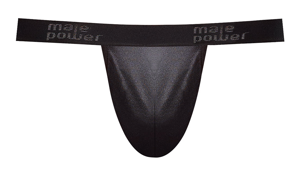 Male Power Satin Lycra Jock Strap Black Small Medium front view showcasing sleek design and plush elastic waistband.