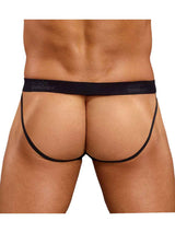 Male Power Satin Lycra Jock Strap Black Small Medium showcasing a stylish and supportive design from the back.