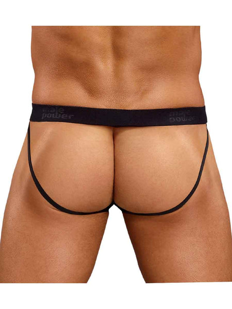 Male Power Satin Lycra Jock Strap Black Small Medium showcasing a stylish and supportive design from the back.
