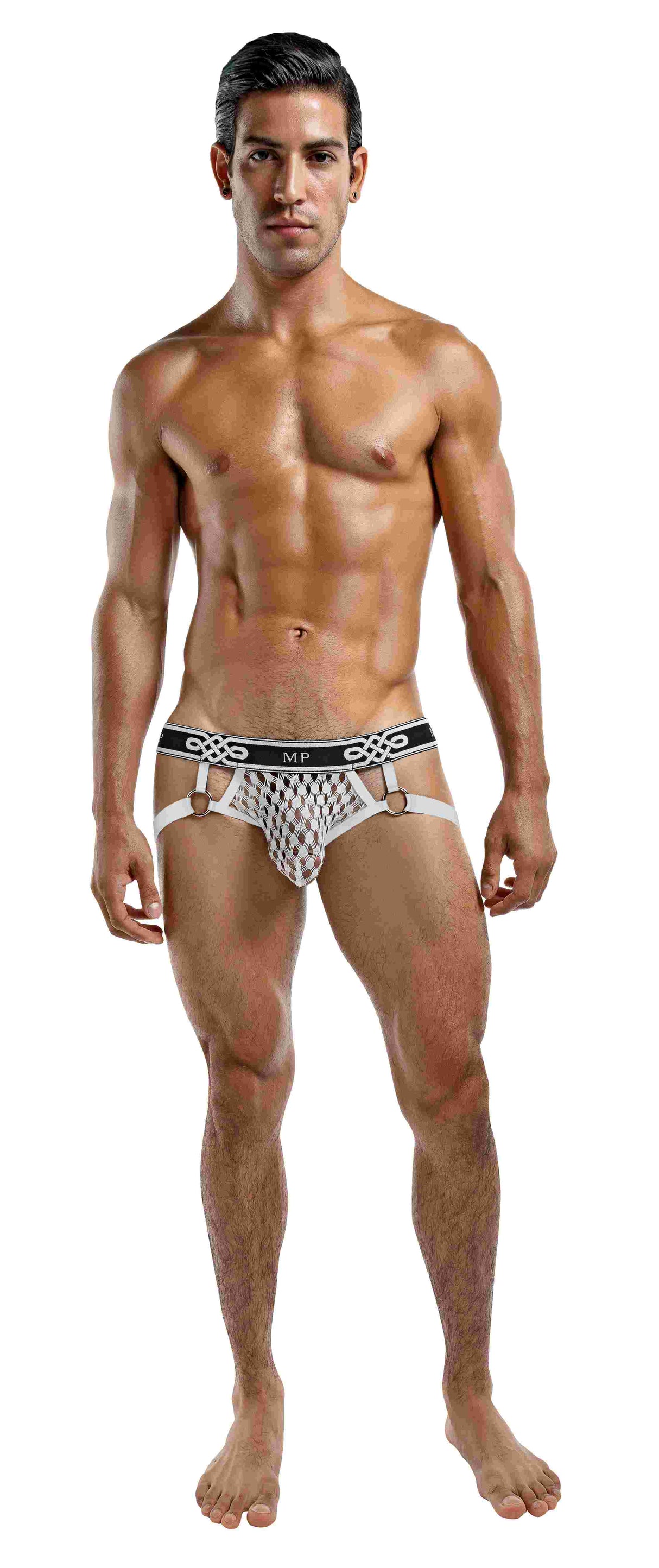 Male Power Peep Show Jock Ring White L XL on a male model showcasing a confident physique
