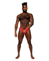 Model showcasing Male Power Sassy Lace Open Ring Thong Red S M, featuring a daring design and a sleek fit.
