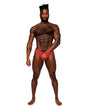 Model showcasing Male Power Sassy Lace Open Ring Thong Red S M, featuring a daring design and a sleek fit.