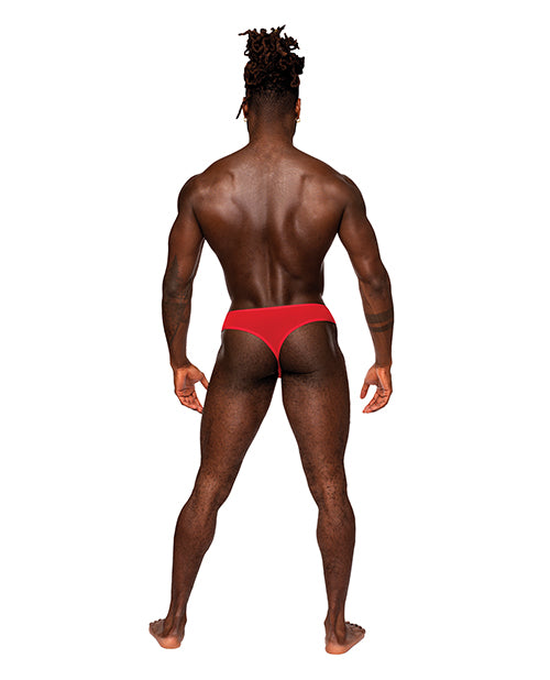 Male Power Sassy Lace Open Ring Thong Red S M shown from the back on a male model.