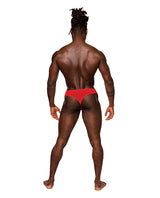 Male Power Sassy Lace Open Ring Thong Red S M shown from the back on a male model.