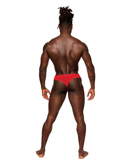 Male Power Sassy Lace Open Ring Thong Red S M shown from the back on a male model.