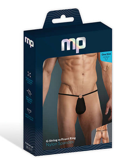 Male Power G-String with Front Ring Black One Size packaging displaying sleek design and front ring detail.
