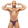 Model showcasing Male Power Galactic Print Bong Thong S/M with a bold cosmic print and a confident pose.