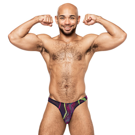 Male Power Galactic Print Bong Thong L/XL modeled by a muscular man showcasing the bold cosmic design.