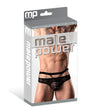 Male Power Lucifer Cutout Thong Black S M packaging featuring a male model wearing provocative strappy jock.