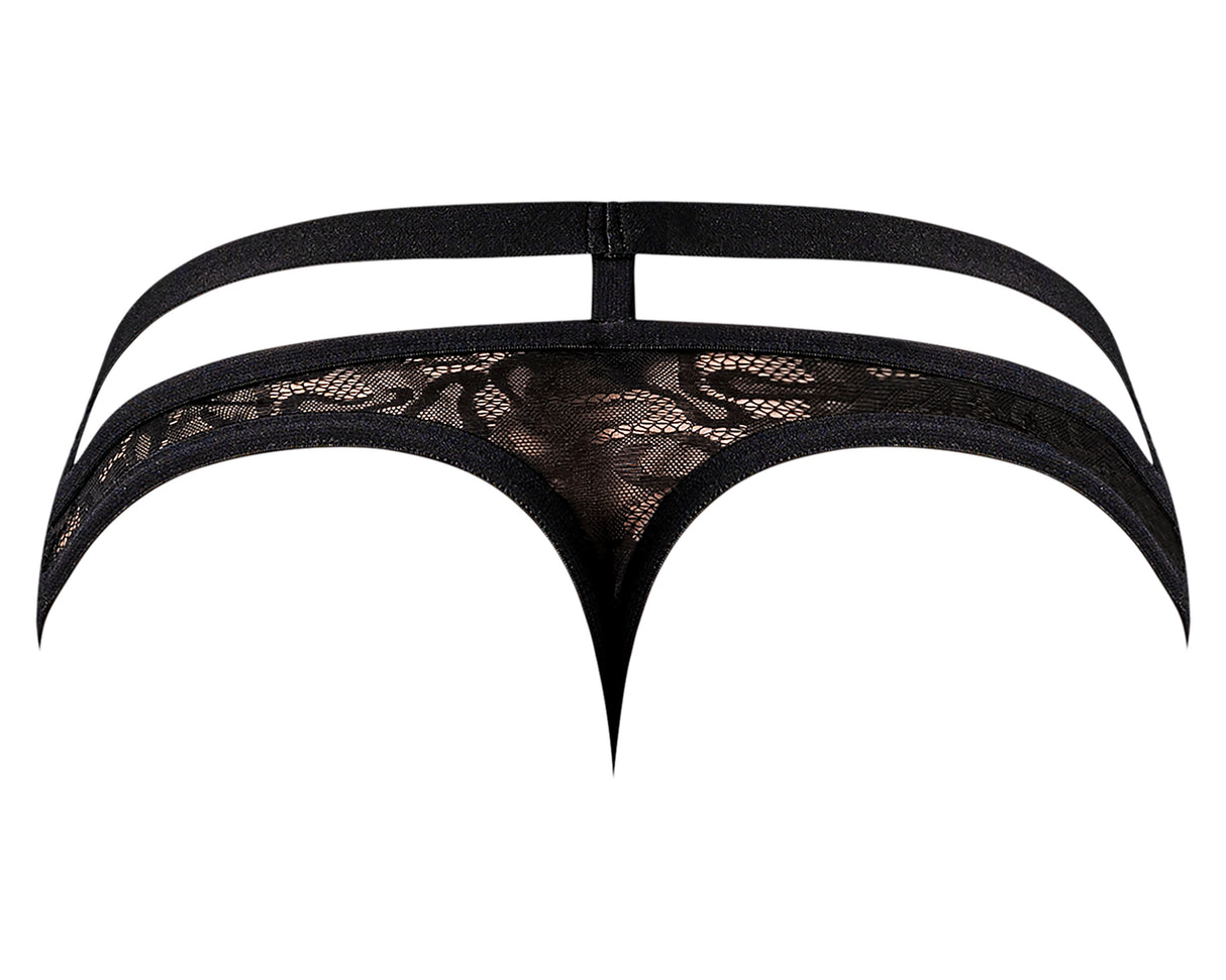 Male Power Lucifer Cutout Thong Black S M back view featuring lace and strappy design.
