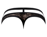 Male Power Lucifer Cutout Thong Black S M back view featuring lace and strappy design.
