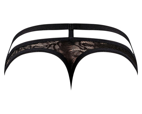 Male Power Lucifer Cutout Thong Black S M back view featuring lace and strappy design.