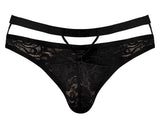 Male Power Lucifer Cutout Thong Black S M featuring lace design and criss-cross straps for a provocative look.