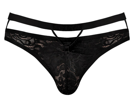 Male Power Lucifer Cutout Thong Black S M featuring lace design and criss-cross straps for a provocative look.