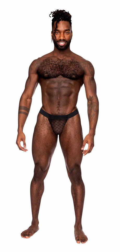 Male Power Heart Breaker Micro V Thong Black S M worn by a confident man showcasing its sexy and playful design.