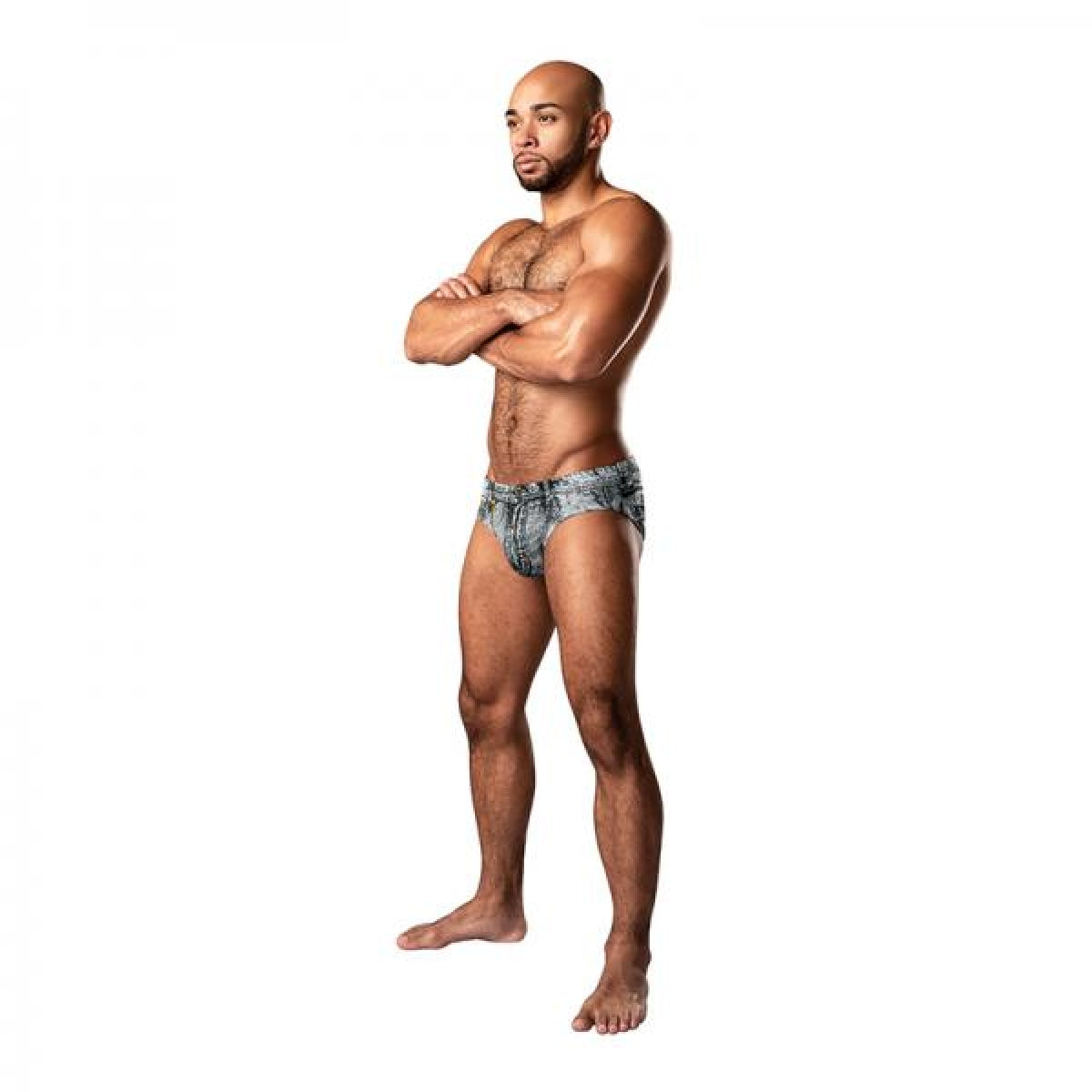 Male Power Dirty Denim Bikini Briefs Blue Large model showcasing denim-inspired style and comfort.