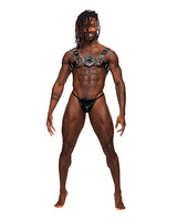 Male Power Libra PU Leather Chest Harness Black modeled by a muscular man, showcasing the bold design and stylish silhouette.