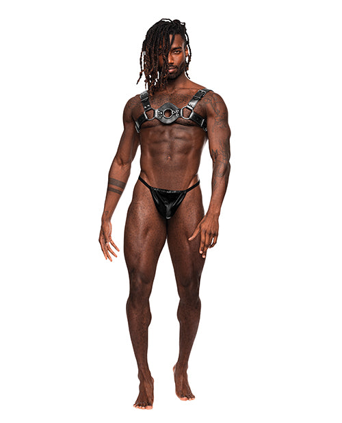 Male Power Libra PU Leather Chest Harness Black worn by a model showcasing a bold, edgy style.